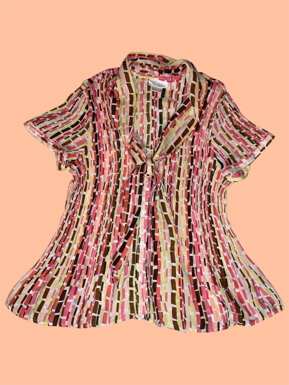 Worthington Rectangular Stripe Patterned Button Up Tie Front Blouse
